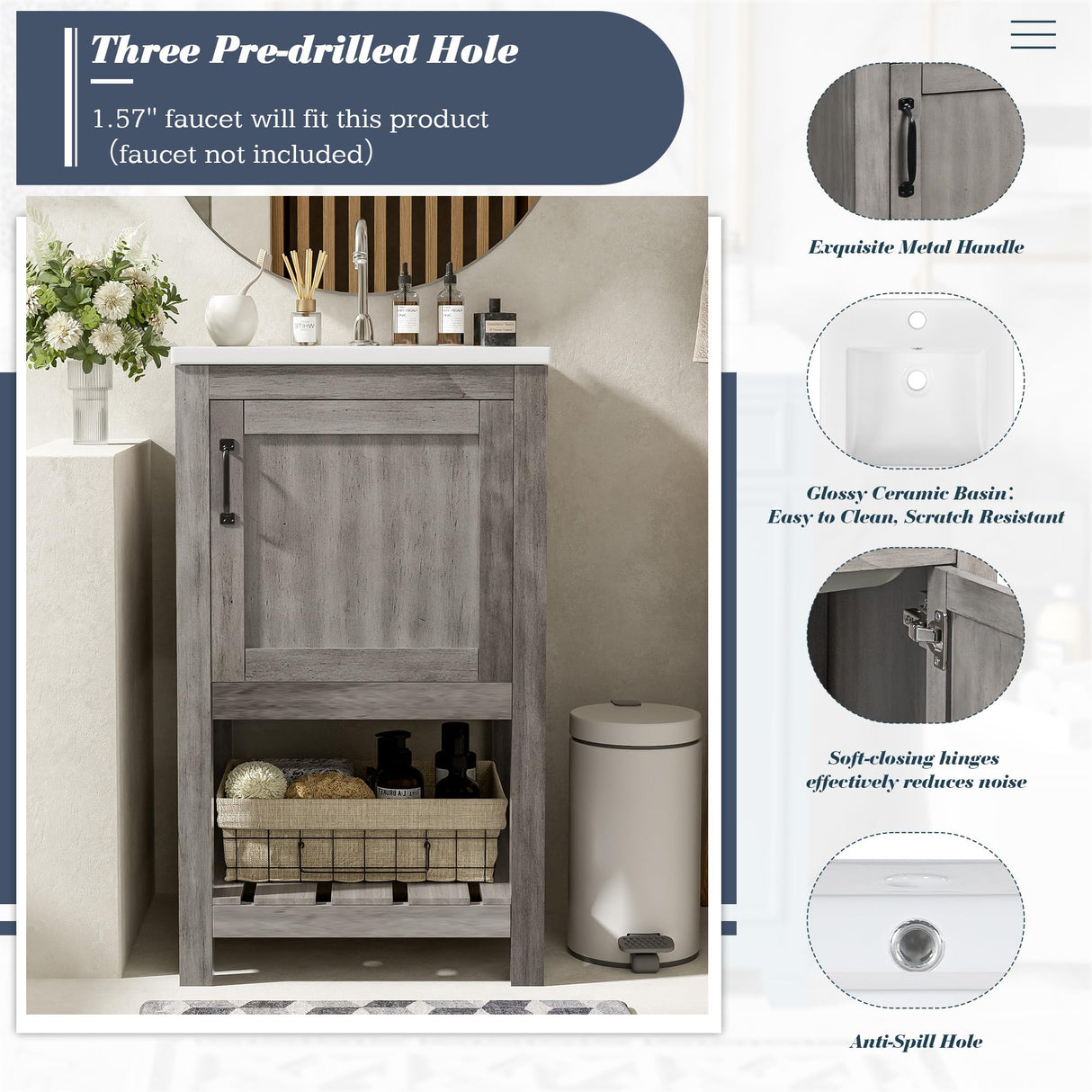 Merax 16" Farmhouse Bathroom Vanity with Sink, Freestanding Small Bathroom Vanity Storage Cabinet with Open Shelf, Solid Wood Frame, Ceramic Sink Merax