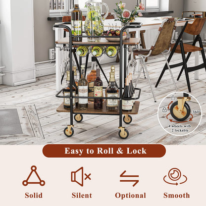 Wisdom Star 2 Tier Bar Cart with Wheels, Serving Cart with Wheels and 2 Handle, Outdoor Bar Cart for The Home with Wine Rack and Glass Holder, Kitchen Serving Cart for Home, Dining Room, Part - WoodArtSupply