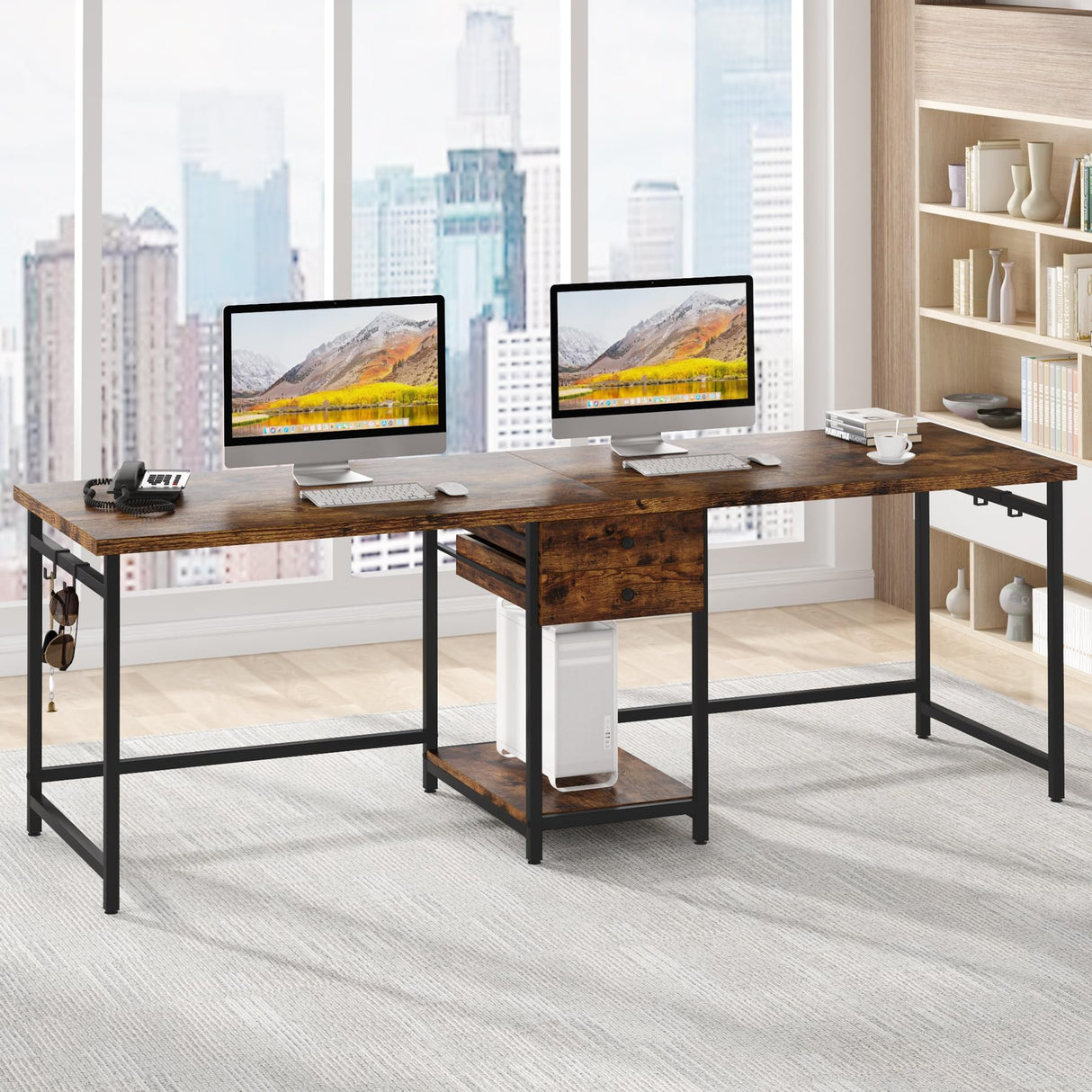 Tribesigns 78.74’’ Two Person Desk with 2 Drawers, Long Double Computer Desk Gaming Table with Shelves, Industrial Study Writing Table Workstation for Home Office, Rustic Brown Tribesigns