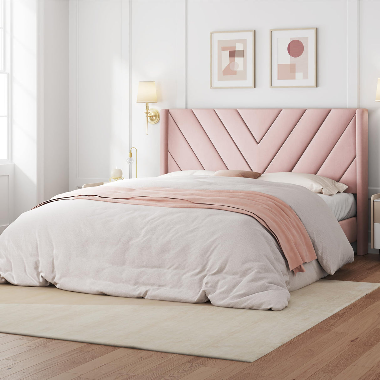 Yaheetech Queen Bed Frame Upholstered Platform Bed with Wing Side/Wooden Slat Support/Tufted Headboard with Wing Side/Mattress Foundation/No Box Spring Needed,Pink Queen Bed Yaheetech