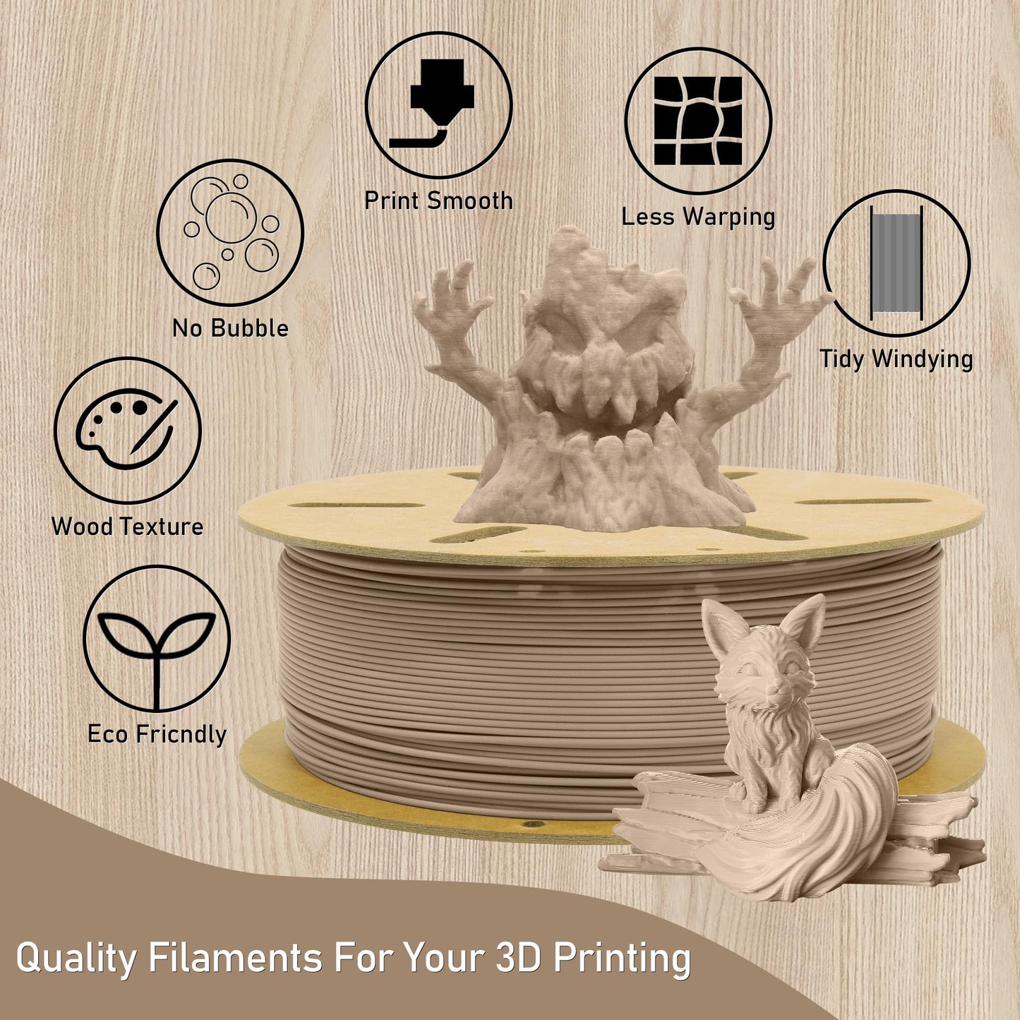 MIKA3D Wood PLA 3D Printing Filament, Widely Fit for 3D Printer, 1.75mm Wooden PLA, 1KG 2.2LBS Wood PLA