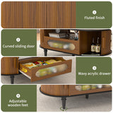 Fluted Round Coffee Table with Storage, Modern Oval Coffee Table with Drawer, Sliding Door, Low Small Center Tables for Living Room, Wooden Boho, Mid Century, Unique, Black and Walnut Jluomei