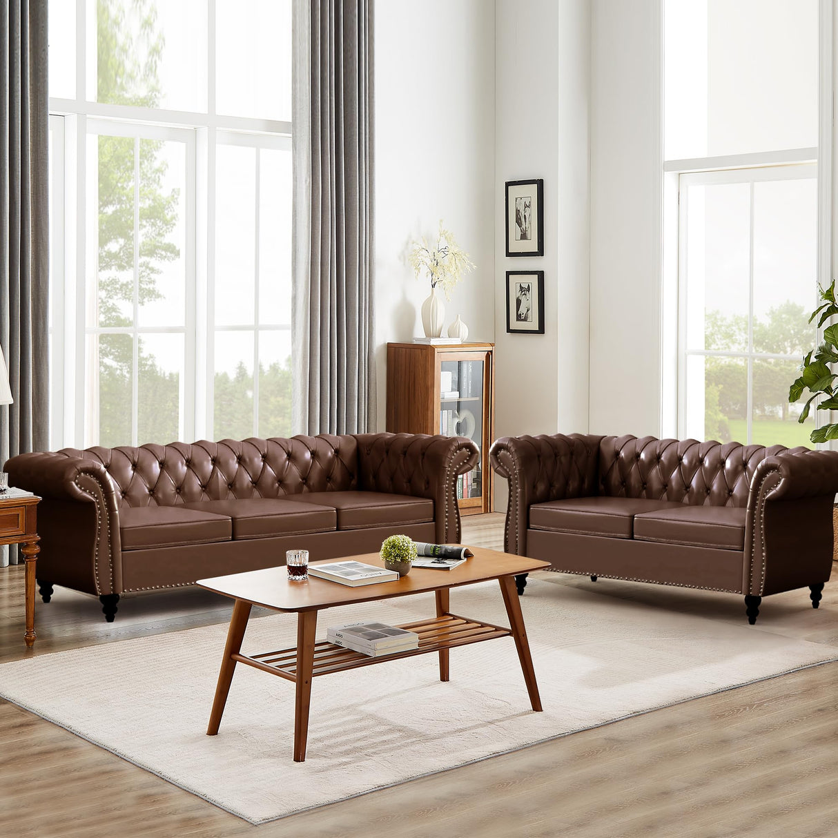 QHITTY 3 Piece Living Room Set, Sectional Chesterfield Sofa Chair Contemporary Upholstered Leather Loveseat Couch Sets for Living Room, Bedroom, Office QHITTY