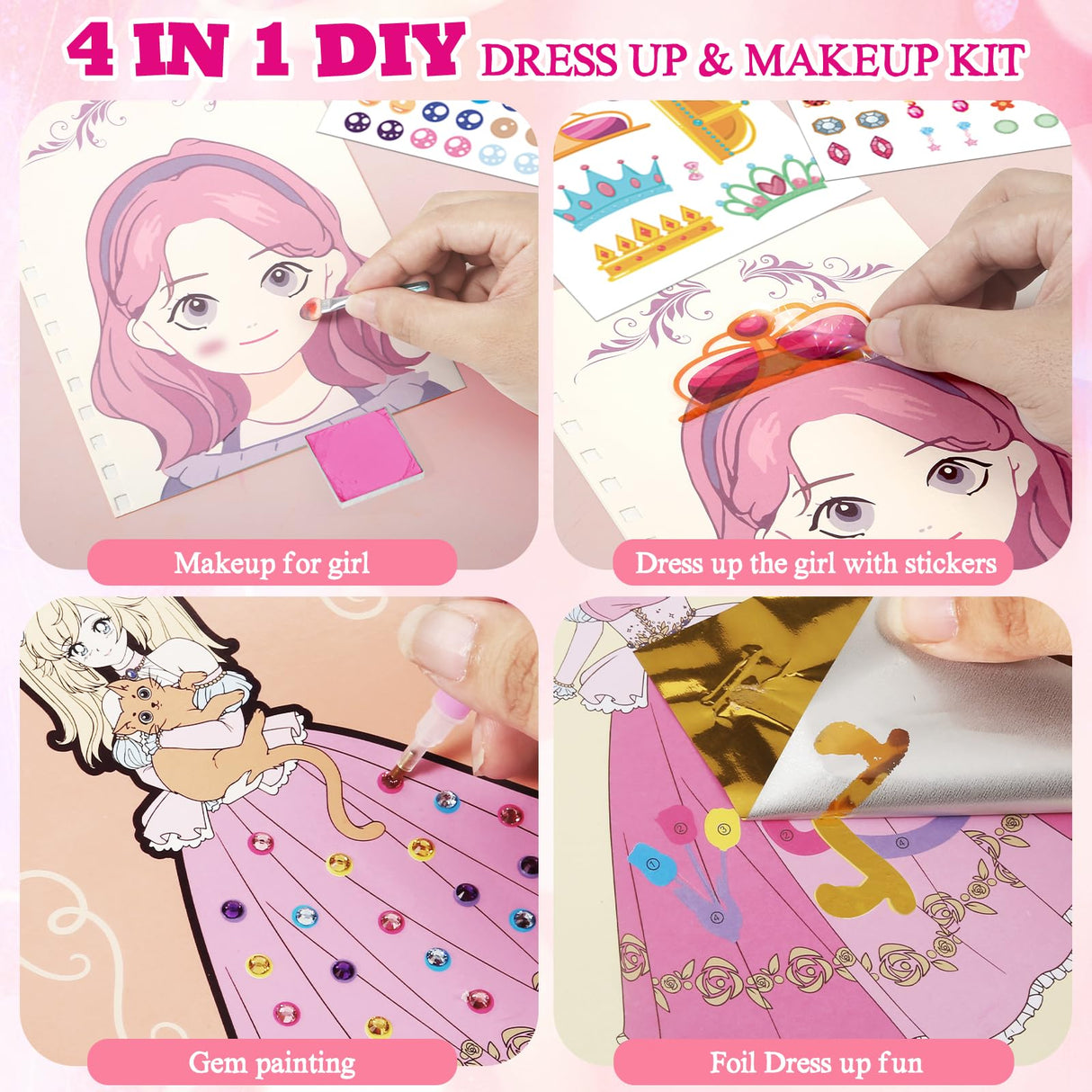Tudaymol 4-in-1 Art & Craft Activity – DIY Dress Up Stickers, Makeup Kit, Foil & Gems Art, Creative Princess Fun, Costume Ideas & Accessories, Travel Toy, Gifts for Girls Ages 4-8-12 Tudaymol