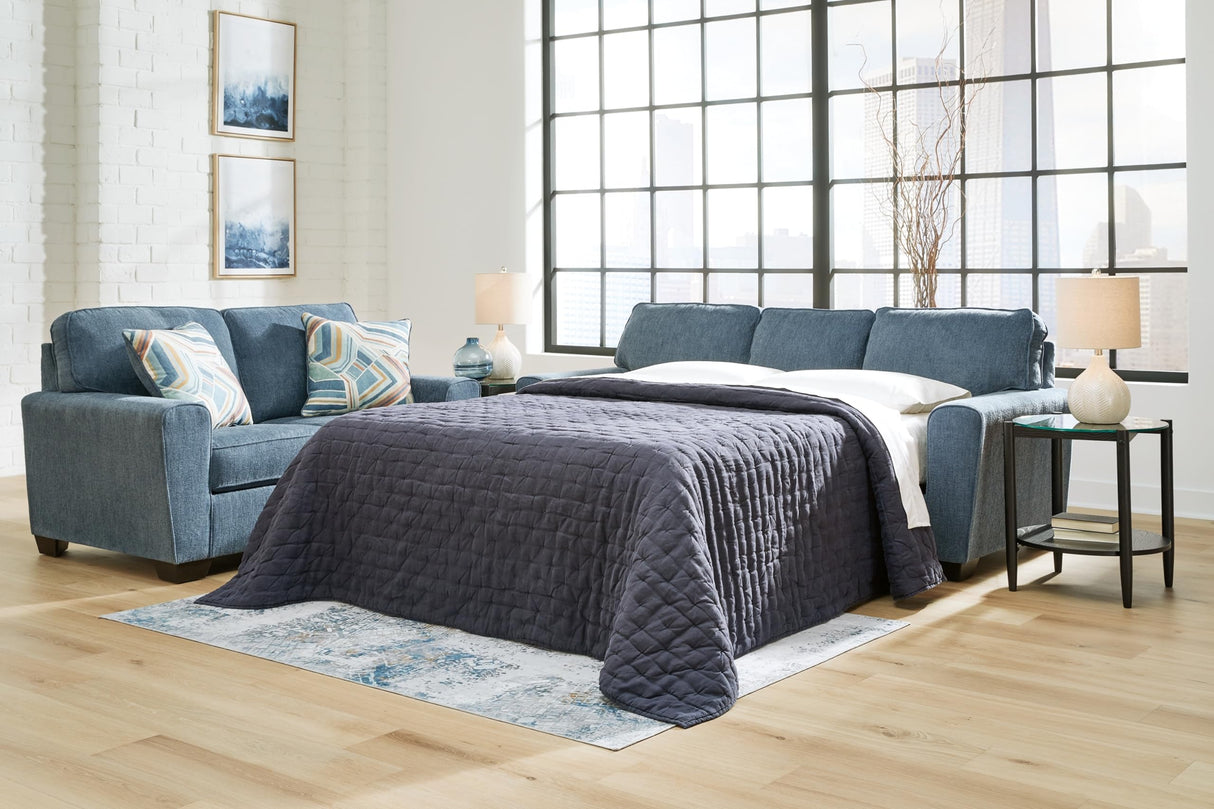 Signature Design by Ashley Cashton Casual 2-in-1 Sofa Sleeper with Folding Gel Memory Foam Mattress, Queen, Blue Signature Design by Ashley