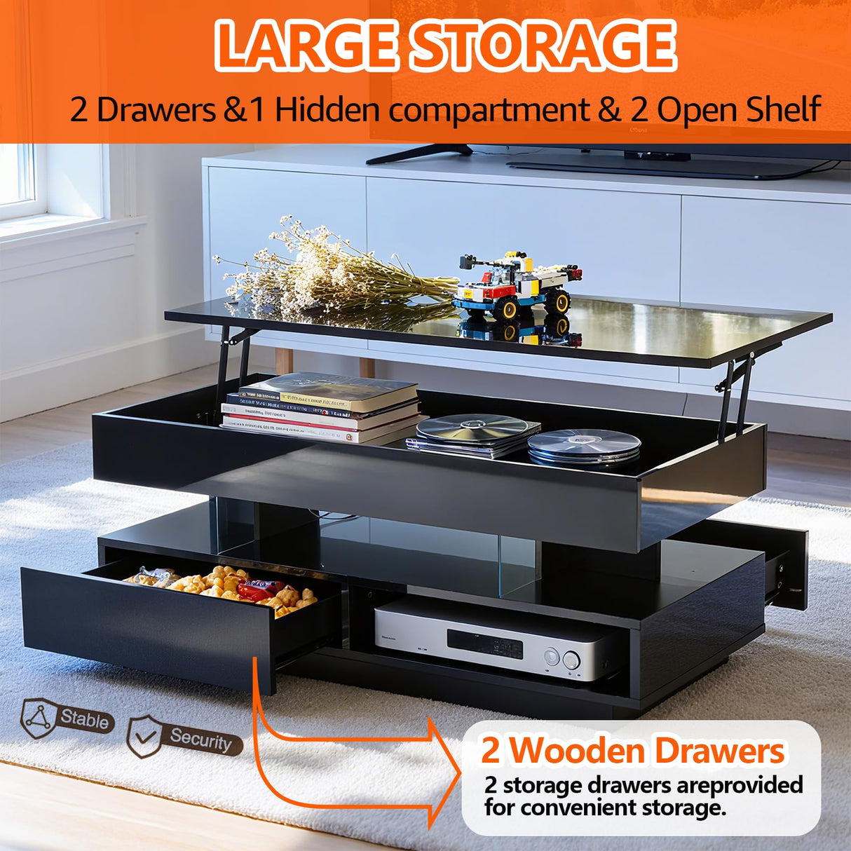 39.37" Lift Top Coffee Table with Hidden Storage & 2 Drawers, Modern High Gloss Center Table for Living Room, Heavy Duty Wood Coffee Table with LED Lights, Apartment Small Space Furniture (Black) Anwick