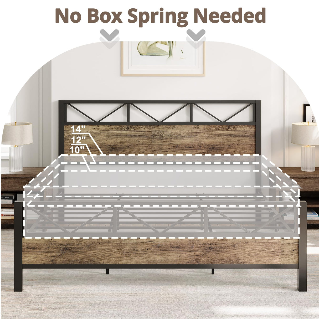 LIKIMIO Queen Bed Frame, Tall Industrial Headboard 51.2 ", Platform Bed Frame with Strong Metal Support, Solid and Stable, Noise Free, No Box Spring Needed, Easy Assembly, Vintage Brown, Rustic Maple LIKIMIO