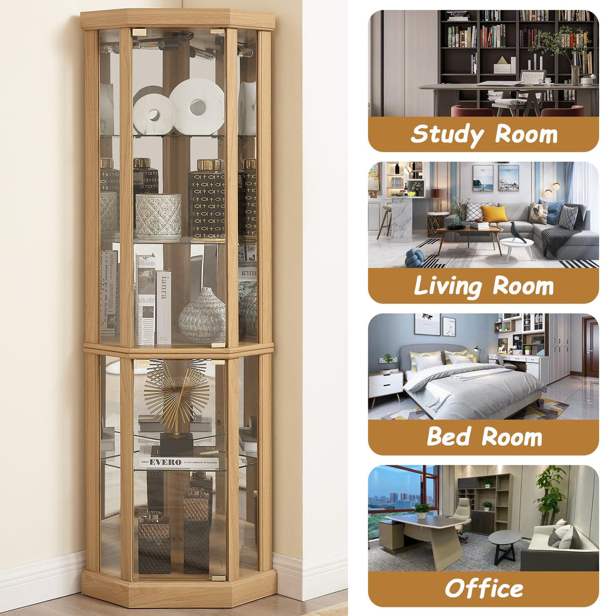 HRVEOCEI Curio Cabinet with Lighted, Display Cabinet with Glass Doors, Corner China Cabinets with Tempered Adjustable Glass Shelves & Carved Decoration (Tall, Cherry) (Light Oak2, Tall) HRVEOCEI