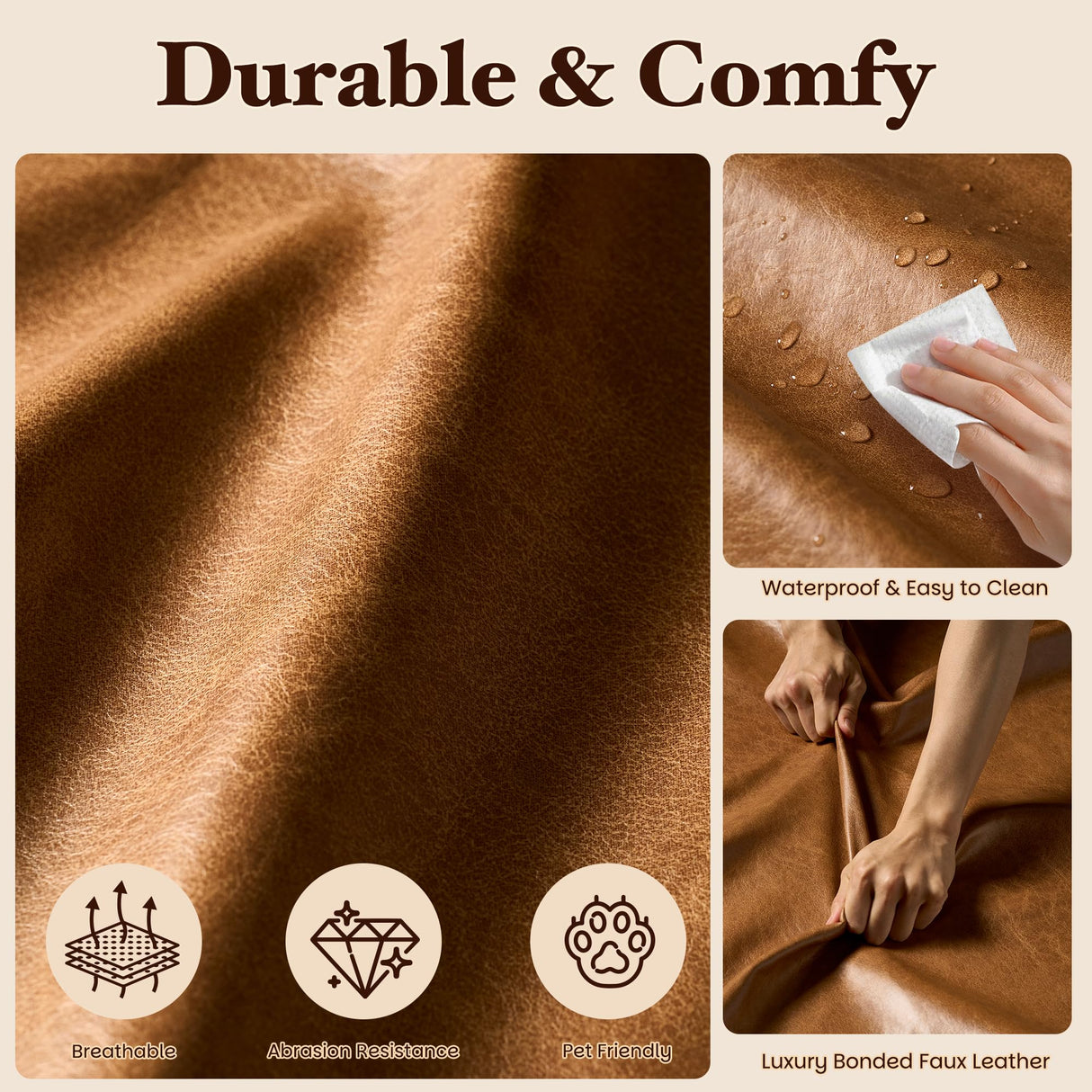 114" Boneless Couches for Living Room, Brown Faux Leather Cloud Sectional Couches with Chaise, Deep Seat L Shaped Modular Sofa, No Assembly Required Sofas in a Box (Left,Faux Leather,Brown) weaxty W