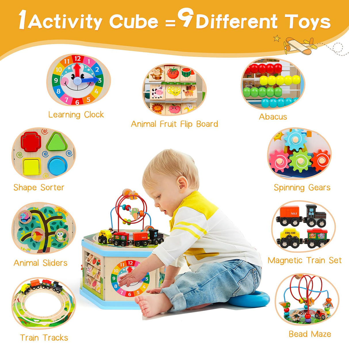 Wooden Activity Cube 9-in-1 Montessori Toys for 1+ Year Old Boys Girls Educational Learning Toys for Toddlers Age 1-2 One Year Old First Birthday Gift Bead Maze Magnetic Trains Track Shape Sorter FOPNETS