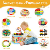 Wooden Activity Cube 9-in-1 Montessori Toys for 1+ Year Old Boys Girls Educational Learning Toys for Toddlers Age 1-2 One Year Old First Birthday Gift Bead Maze Magnetic Trains Track Shape Sorter FOPNETS