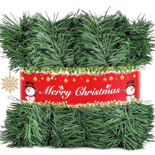 50FT Christmas Garland Christmas Decorations, Green Christmas Tree garland decor 5 Snowflakes, DIY Artificial Garland Holiday Outdoor Decorations for Stairs Railing, Fireplace, Staircase, Window, Door