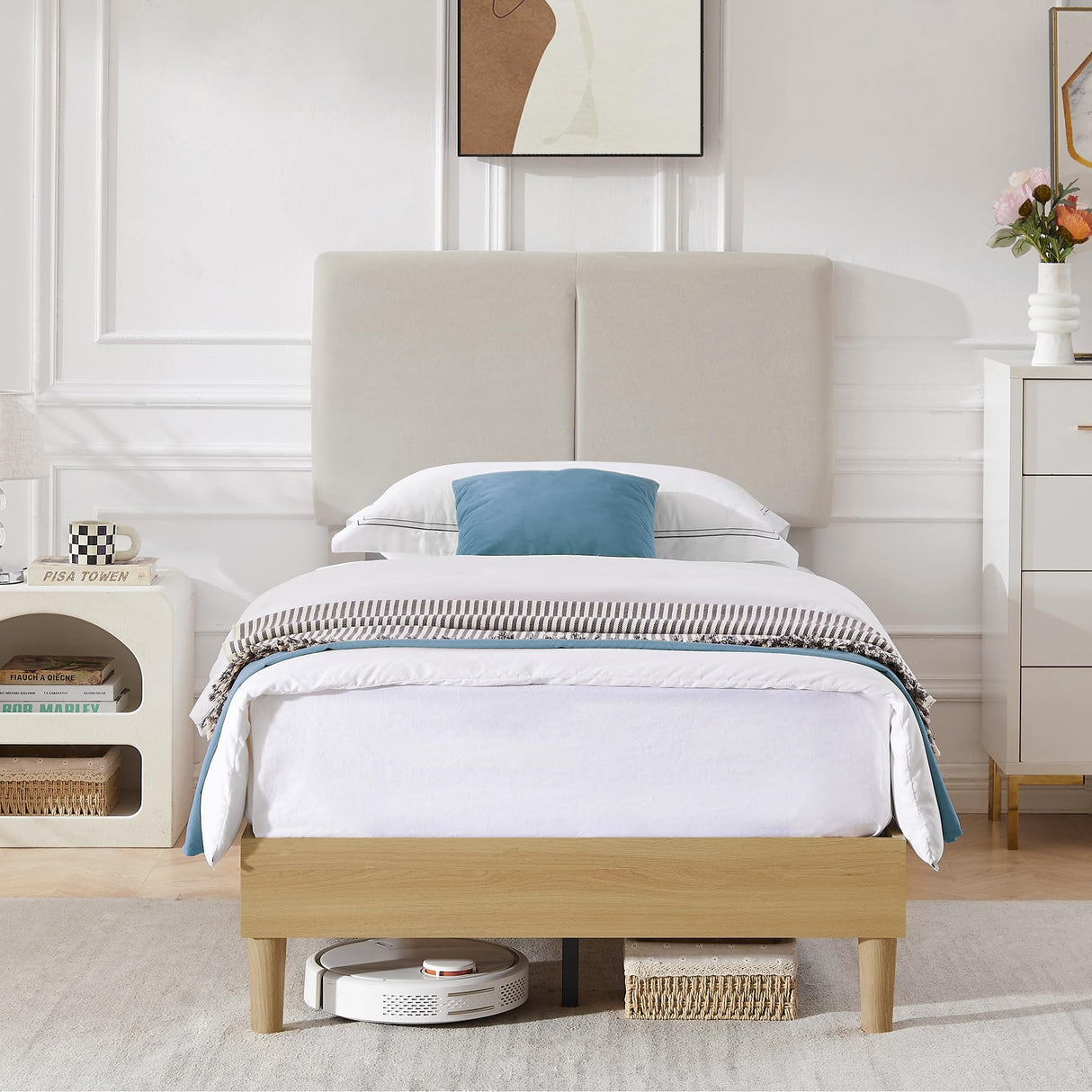 VECELO Twin Frame Upholstered Platform Height-Adjustable Cotton and Linen Headboard, Heavy Duty Wood Slats, 6" Under-Bed Space Noise-Free, No Box Spring Needed,Easy Assembly, Beige VECELO