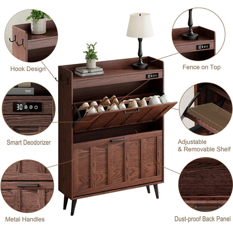 ChooChoo Shoe Storage Cabinet with 2 Flip Drawers, Deodorizing Shoe Organizer Storage for Entryway, Freestanding Hidden Slim Narrow Shoe Rack Cabinet, Walnut ChooChoo