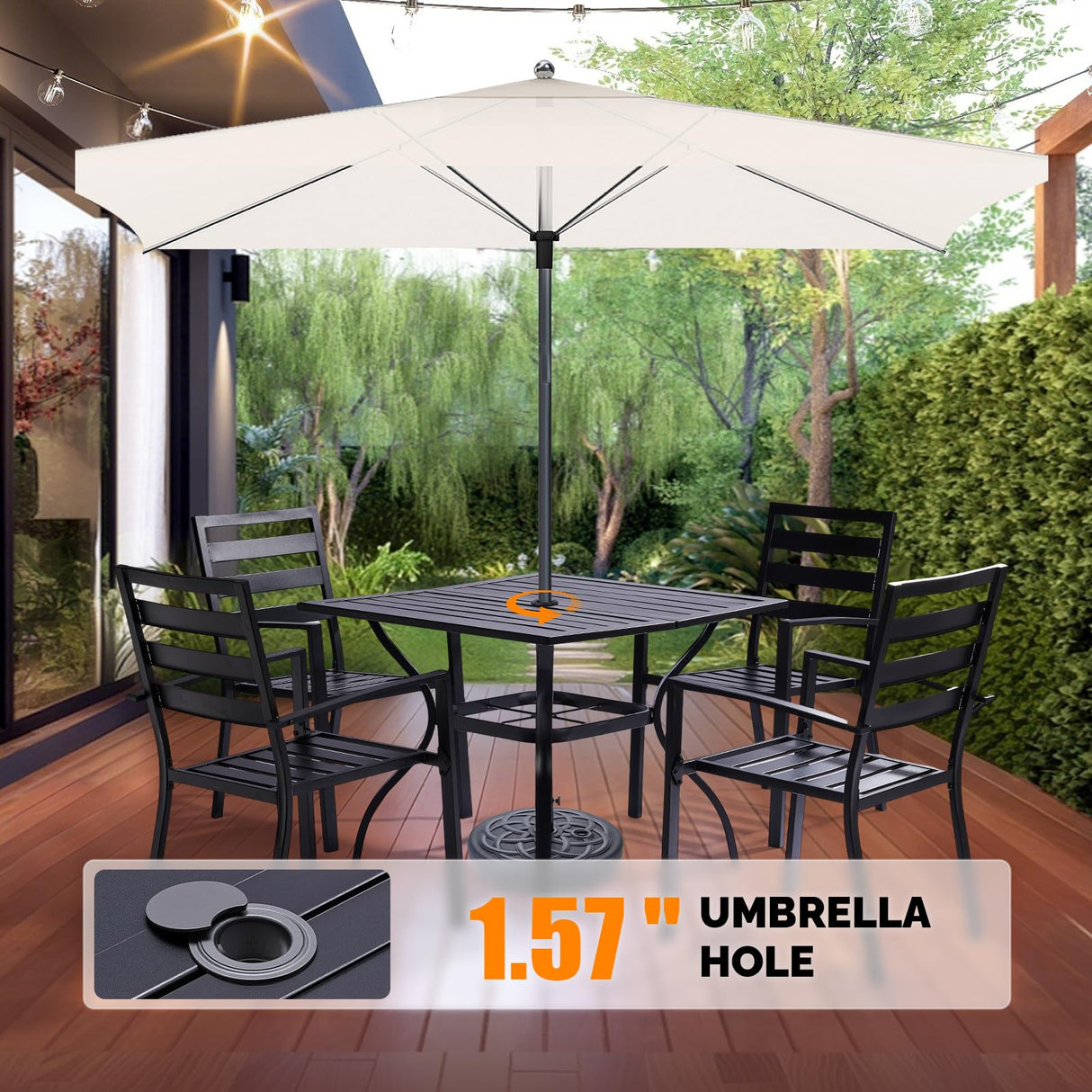 VINGLI 5-Piece Outdoor Dining Set, Metal Patio Dining Set for 4, Square Dining Table with Umbrella Hole & 4 Stackable Patio Chairs for Porch, Deck and Backyard VINGLI