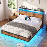 AMERLIFE Full Size Floating Bed Frame with LED Storage Headboard & Charging Station in Rustic Brown AMERLIFE