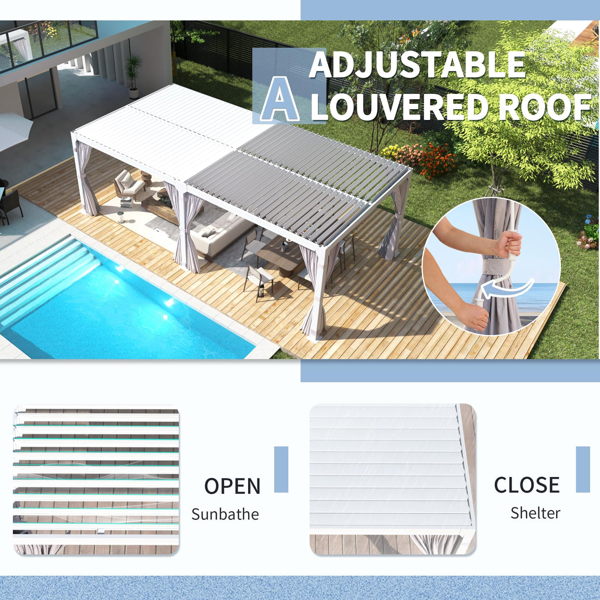 YOLENY Louvered Pergola 10x20, Aluminum Gazebo with Adjustable Waterproof Roof, Curtains and Netting Included, Deck and Backyard, White YOLENY