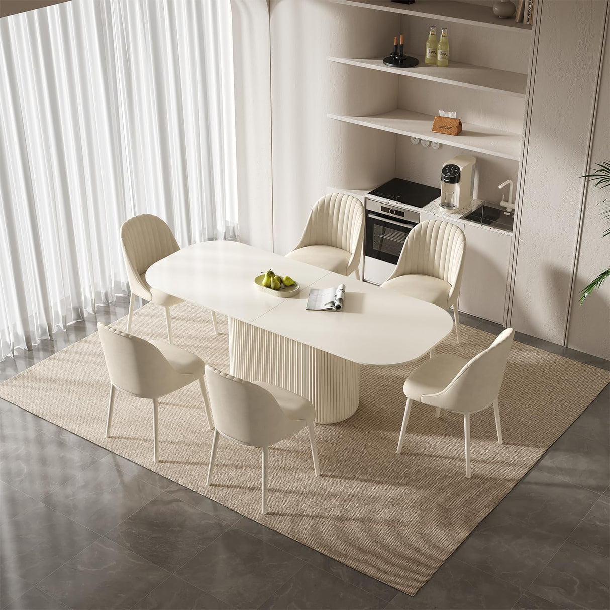 Guyii 86.61" Oval Dining Table, Modern Kitchen Table for 8 People, Indoor Rectangular Dining Room Table for Kitchen, Bar, Living Room, Home, Cream White, Table Only Guyii