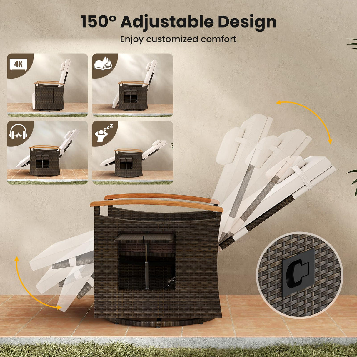 Tangkula Patio Rattan 360 Degree Swivel Recliner Chair, Wicker Lounge Chair w/Adjustable Backrest & Footrest, Cushioned Push Back Reclining Seat w/Flip Side Table for Porch, Yard, Lawn (Off White,1) Tangkula