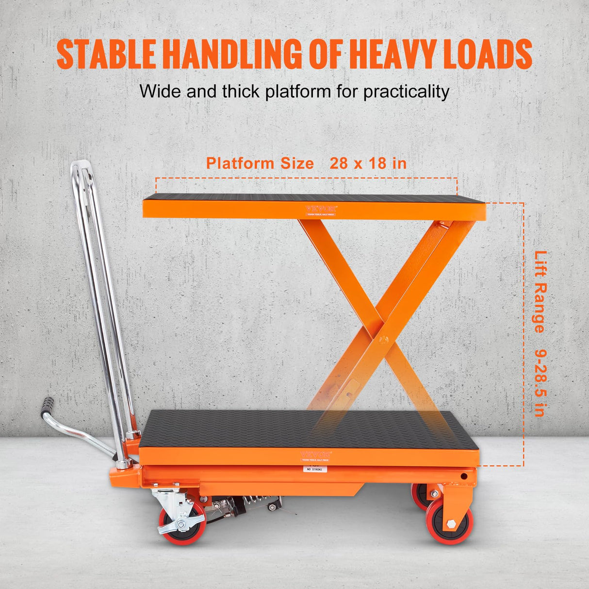 VEVOR Hydraulic Lift Table Cart, 500lbs Capacity 28.5" Lifting Height, Manual Single Scissor Lift Table with 4 Wheels and Non-Slip Pad, Hydraulic Scissor Cart for Material Handling, Orange VEVOR