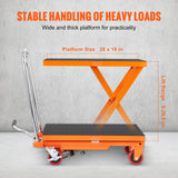 VEVOR Hydraulic Lift Table Cart, 500lbs Capacity 28.5" Lifting Height, Manual Single Scissor Lift Table with 4 Wheels and Non-Slip Pad, Hydraulic Scissor Cart for Material Handling, Orange VEVOR