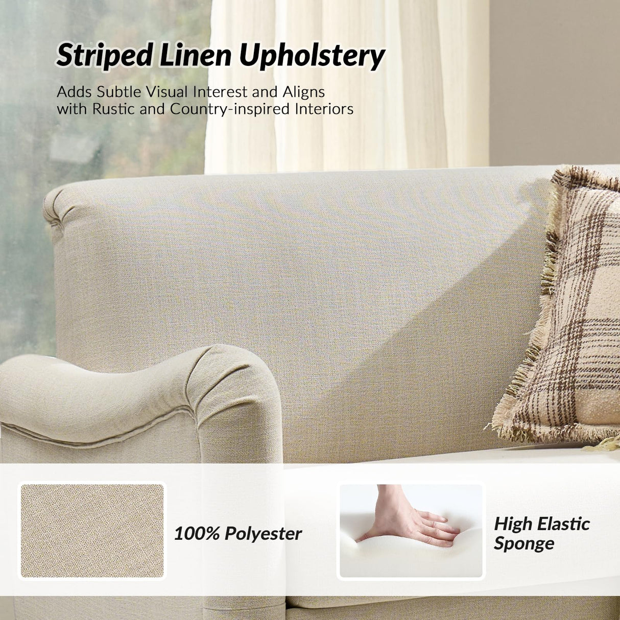 HULALA HOME 50.5" Loveseat Sofa with Stripe Pattern, 2 Seater Farmhouse Sofa with Rolled Wide Armrests and Rubber Wood Legs, Comfy Upholstered Small Couch for Living Room Bedroom, Linen HULALA HOME