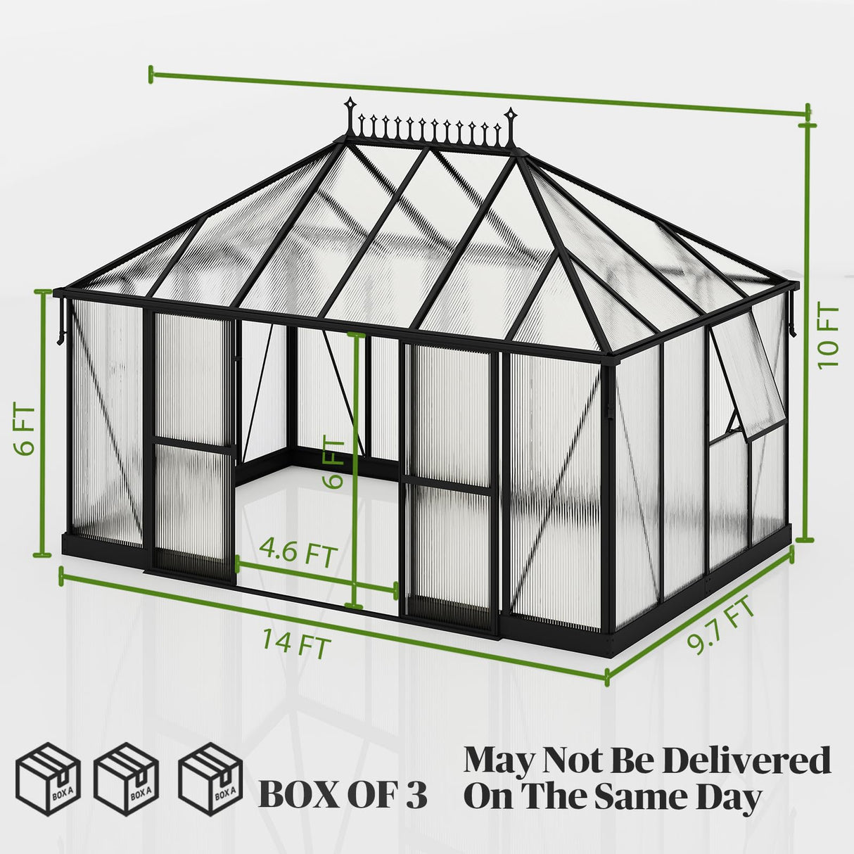 14x9.7x10 FT Polycarbonate Greenhouse for Outdoors, Large Winter Greenhouse Sunroom with 2 Adjustable Windows &Sliding Door, Walk-in Design with Aluminum Frame for Patio, Garden gohonei