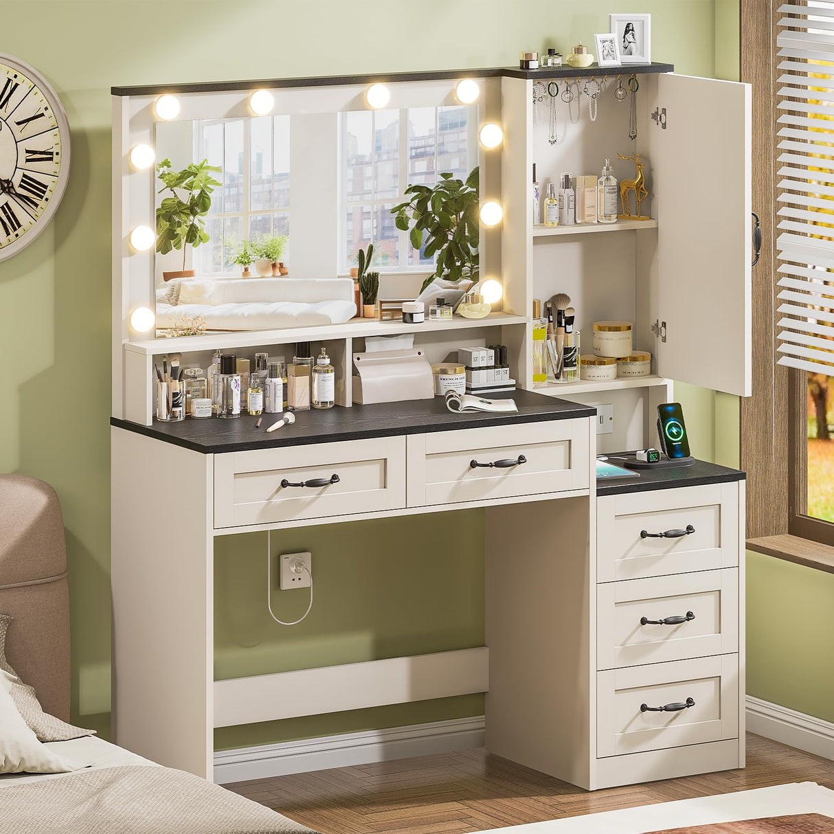 Farmhouse Vanity Desk with Mirror and 10 Led Lights, 45.3 " Large Makeup Vanity Table with Power Outlet, 5 Drawers and 1 cabinet, Vanity Set Dressing Table with 9 Hooks for Women Girls (White+Black) DINGIPP