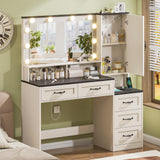 Farmhouse Vanity Desk with Mirror and 10 Led Lights, 45.3 " Large Makeup Vanity Table with Power Outlet, 5 Drawers and 1 cabinet, Vanity Set Dressing Table with 9 Hooks for Women Girls (White+Black) DINGIPP