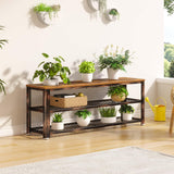 Rolanstar Shoe Bench, 3-Tier Shoe Rack, 39.4” Storage Entry Bench with Mesh Shelves Wood Seat, Rustic Foyer Bench for Hallway Front Door, Doorway, Living Room, Mudroom, Steel Frame, Rustic Brown Rolanstar