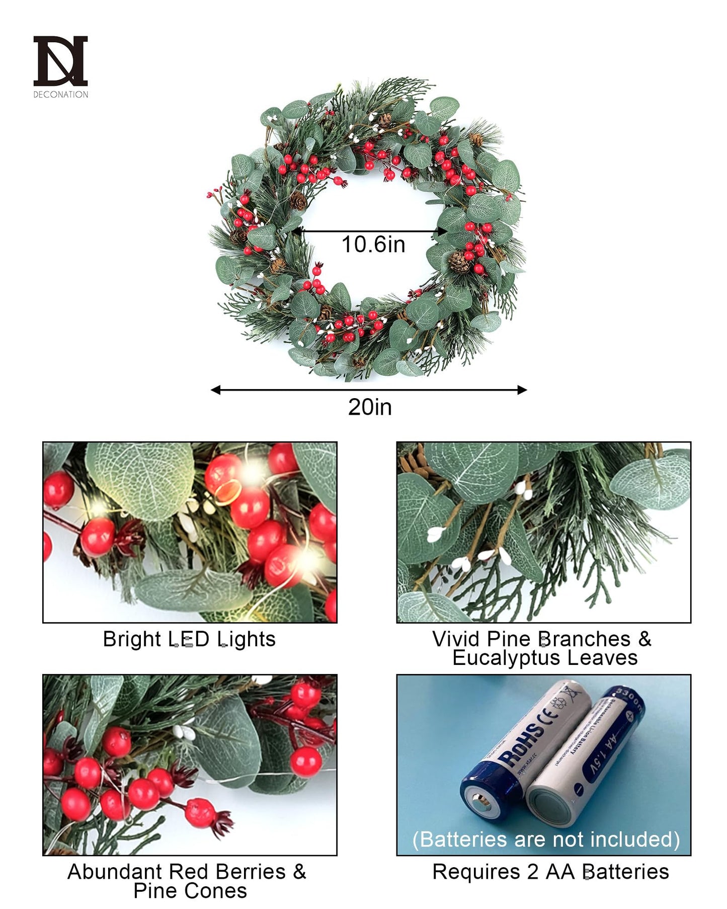 DN DECONATION 20 Inch Lighted Christmas Wreath for Front Door LED Lights Christmas Wreath Battery Operated Eucalyptus Winter Wreath with Pine Cones Berry Clusters Holiday Decor