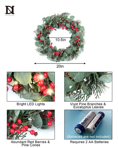 DN DECONATION 20 Inch Lighted Christmas Wreath for Front Door LED Lights Christmas Wreath Battery Operated Eucalyptus Winter Wreath with Pine Cones Berry Clusters Holiday Decor