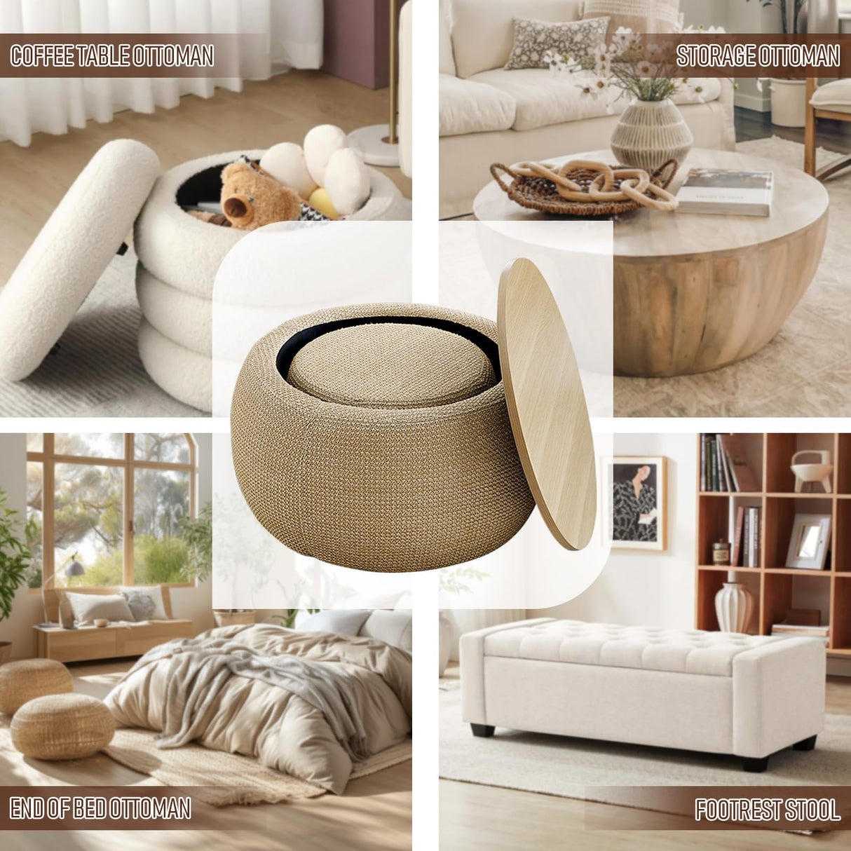 Round Ottoman with Storage Set of 2, 25" Large Upholstered Storage Ottoman Set Coffee Table with Removable Wood Tray, Modern Circle Foot Stool Padded Bench Ottomans for Living Room (Natural) TTK