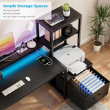 GreenForest Office Desk with Power Outlets and Printer Shelf, 59 inch Computer Desk with LED and Drawer, Reversible Gaming Desk with Storage for Home Study Working,Black GreenForest