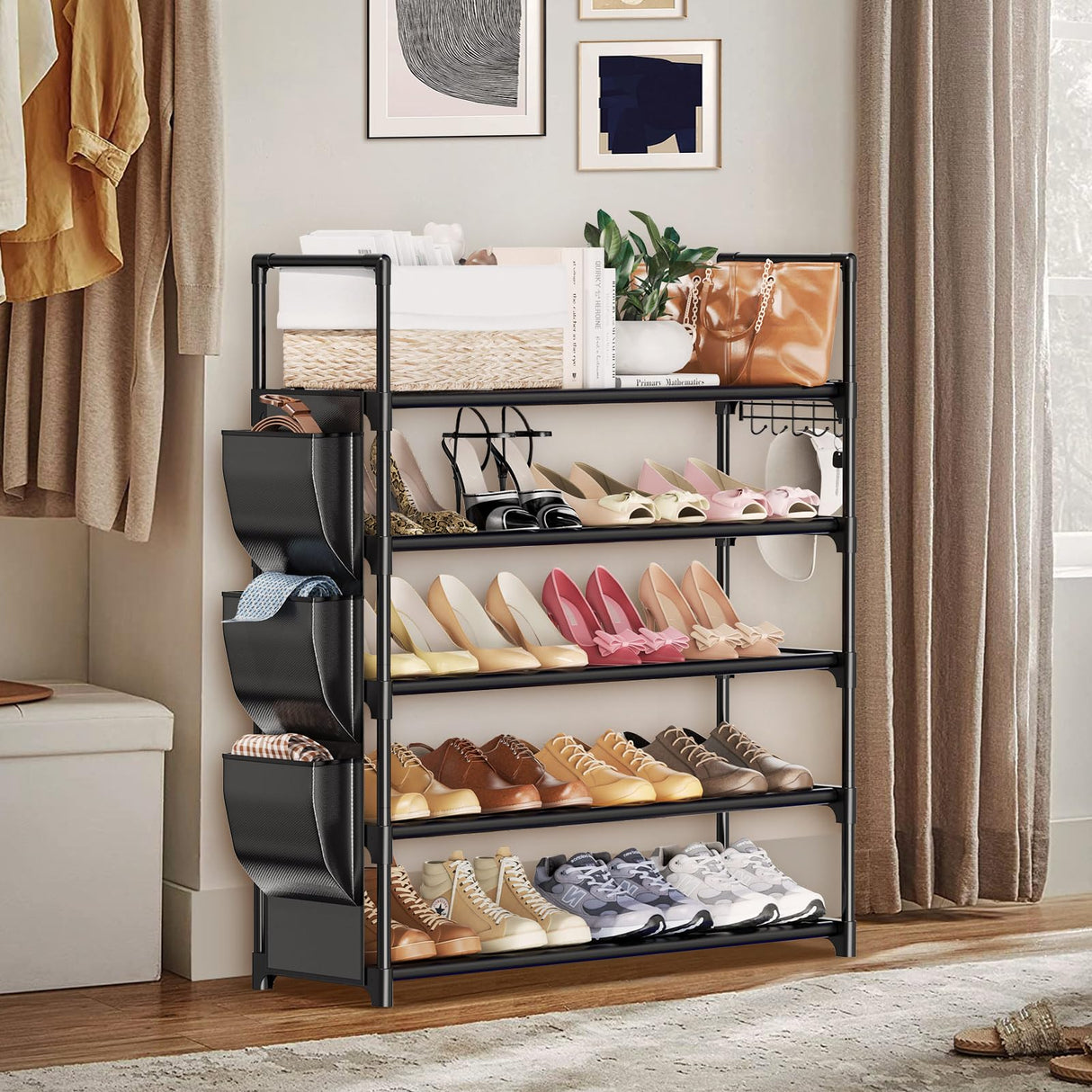 VILICK 5 Tier Shoe Rack with Hook and Side Pocket,Shoe Organizer Space Saver Storage for 20-25 Pair Shoe Storage Shelf Sturdy Free Standing Long Shoe Rack Organizer for Closet,Entryway,Small Spaces VILICK