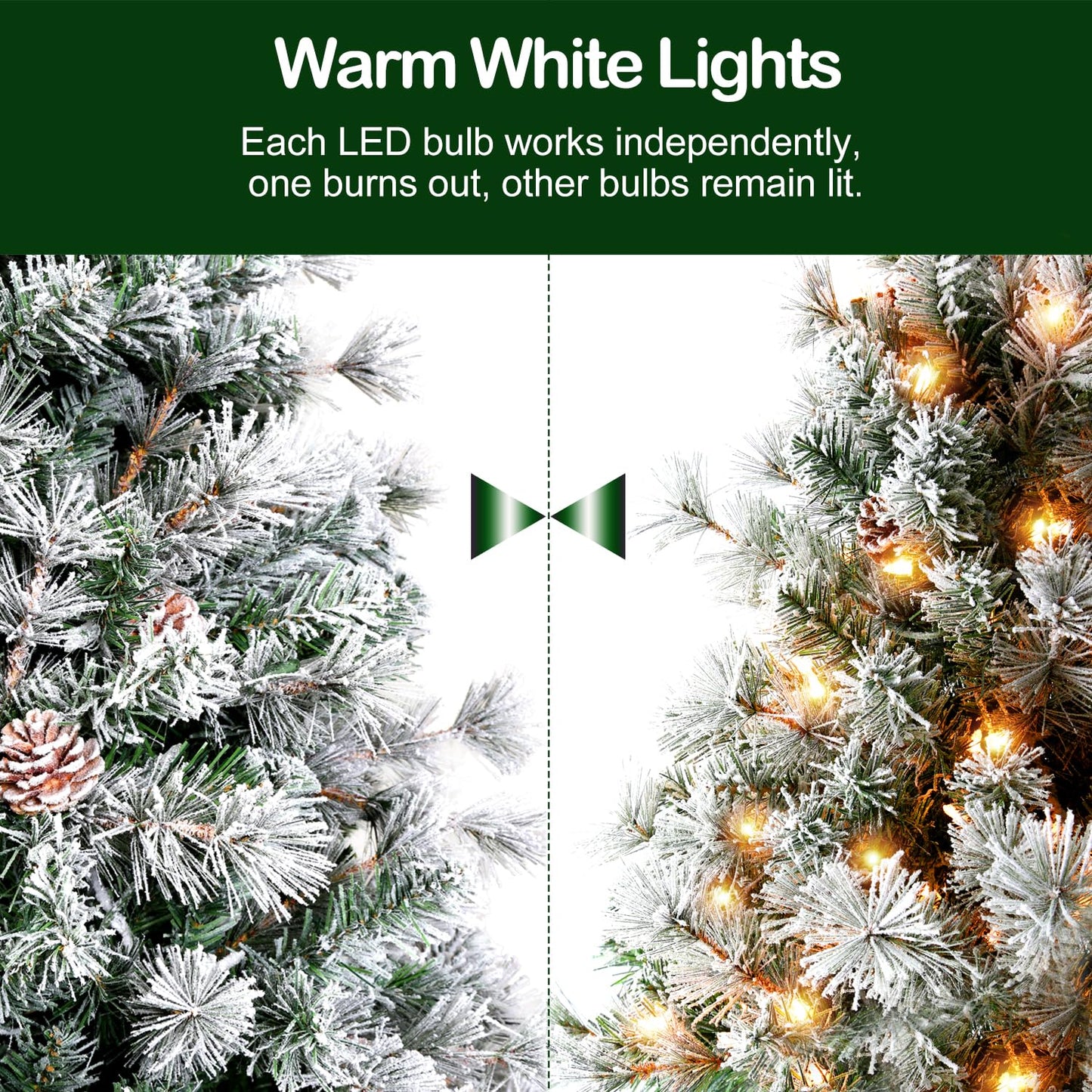 Hykolity 6.5 ft Snow Flocked Christmas Tree, Prelit Artificial Tree with 250 Warm White Lights, 1032 Branch Tips, Metal Stand and Hinged Branches