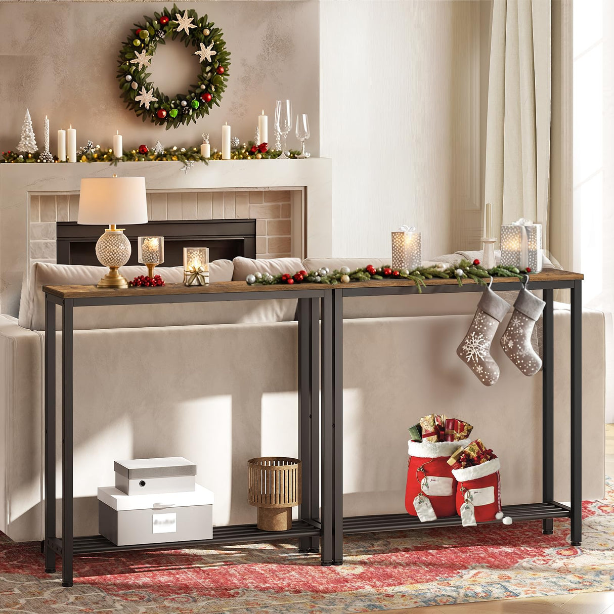YATINEY Narrow Console Table, 2-Tier Small Sofa Table, 29.5" Thin Entryway Table, Behind Couch Table with Shelves, Industrial Hallway Table, for Living Room, Foyer, Rustic Brown and Black CT03BR YATINEY