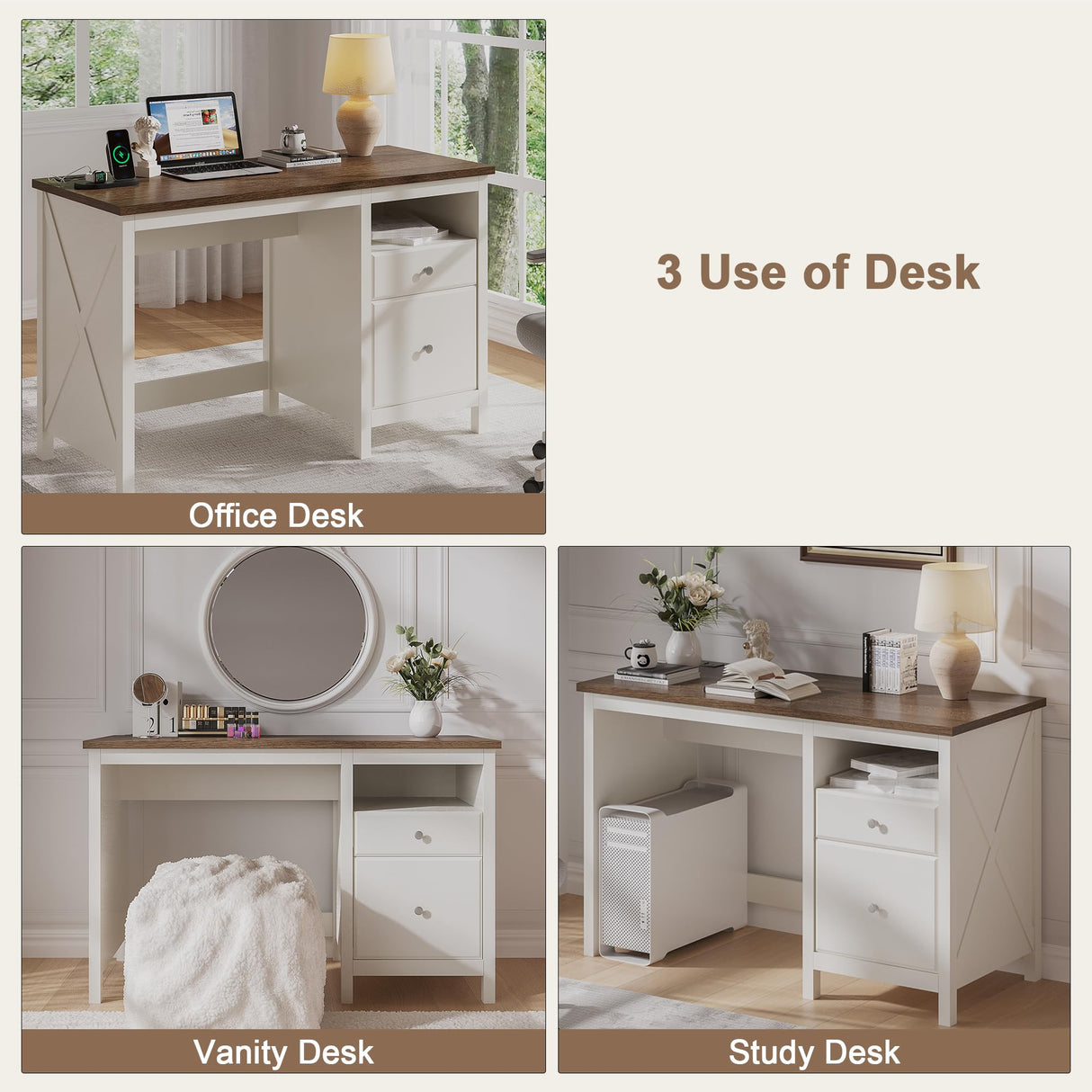 ChooChoo 47" Farmhouse Desk with Drawers, Wood Home Office Computer Desk with Charging Station, 2 Storage Drawers and Open Shelf, Writing Study Table Vanity Desk for Bedroom ChooChoo