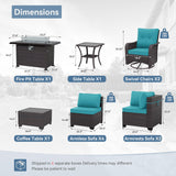 Kurapika 11 Pieces Patio Furniture Set, Rattan Wicker Outdoor Conversation Sets w/43in Propane Fire Pit Table, Swivel Rocking Chairs Patio Sectional Sofa w/4 Inch Cushion, Blue Kurapika