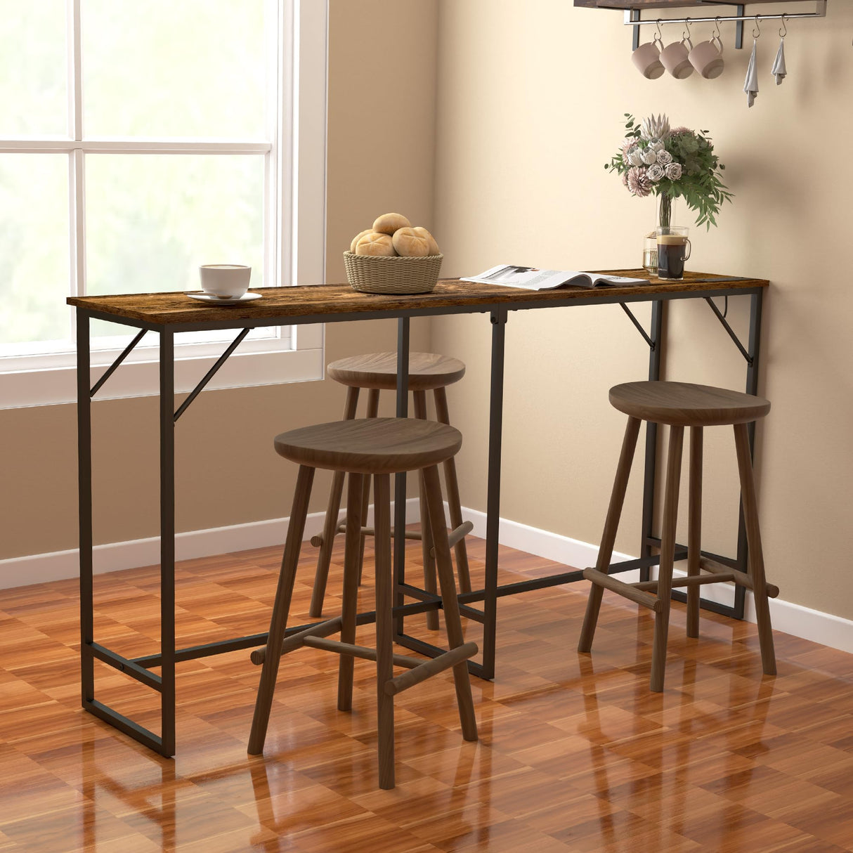 HOMCOM 70" Long Counter Height Table with Charging Station, Industrial Style Rectangular Bar Table with Steel Frame for Dining Room, Kitchen, Rustic Brown HOMCOM