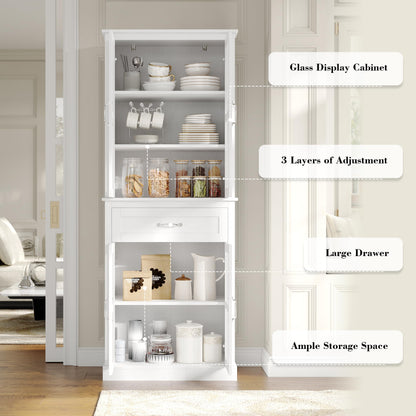 FOTOSOK 71'' Kitchen Pantry Cabinet, Tall Kitchen Cabinet Pantry Cabinet with Glass Doors and Drawer, Freestanding Food Pantry Kitchen Hunch with - WoodArtSupply