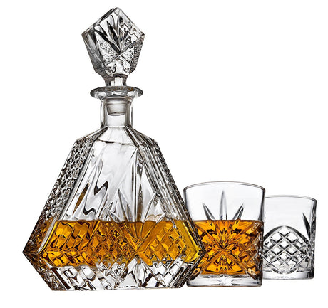 Lefonte Whiskey Decanter Set with 2 Old Fashioned Whisky Glasses for Liquor Scotch Bourbon or Wine - Irish Cut Triangular Clear Lefonte
