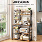 Baker Rack with Power Outlet - Microwave Stand with Storage, Large Coffee Bar Station with 14 Hooks, Metal Kitchen Shelf Rack for Spices, Pots, Rustic Brown and Black SNTD
