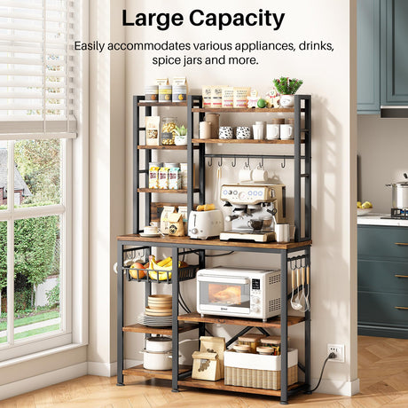 Baker Rack with Power Outlet - Microwave Stand with Storage, Large Coffee Bar Station with 14 Hooks, Metal Kitchen Shelf Rack for Spices, Pots, Rustic Brown and Black SNTD