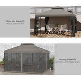 Outsunny 10' x 12' Patio Gazebo with Corner Frame Shelves, Double Roof Outdoor Gazebo Canopy Shelter with Netting for Patio, Wedding, Catering & Events, Gray Outsunny