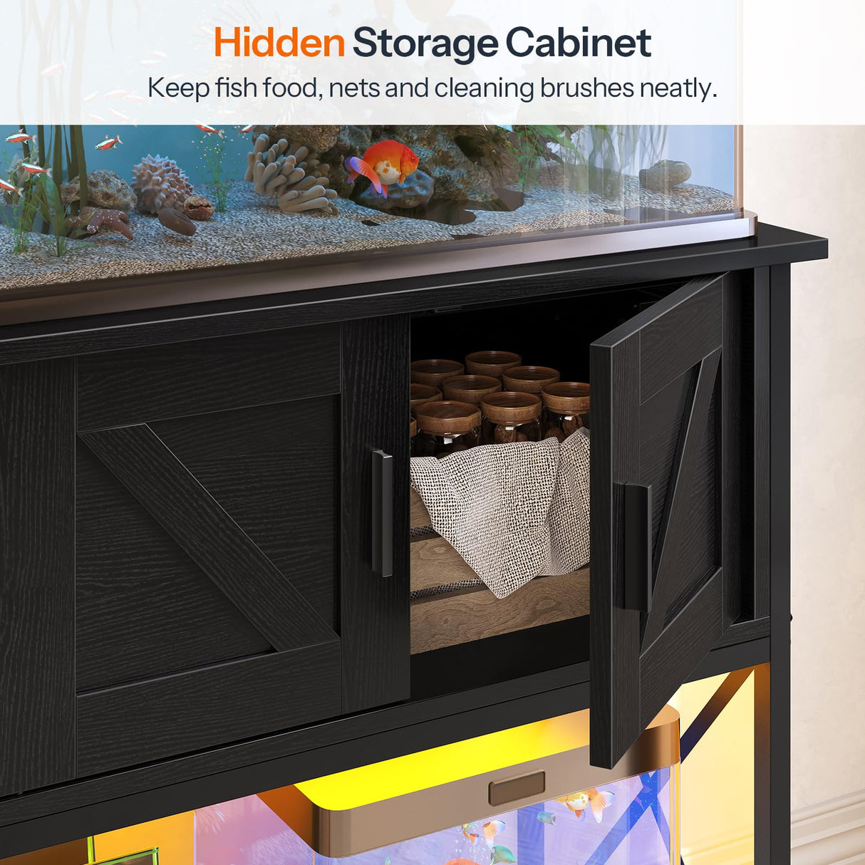 HOOBRO 20 Gallon Fish Tank Stand with Power Outlets and LED Light, Metal Frame Aquarium Stand, Reptile, Turtle Tank Stand with Cabinet Storage, 27.6'' L x 15.7'' W, 300 LBS Capacity, Black BB40UDFT01 HOOBRO