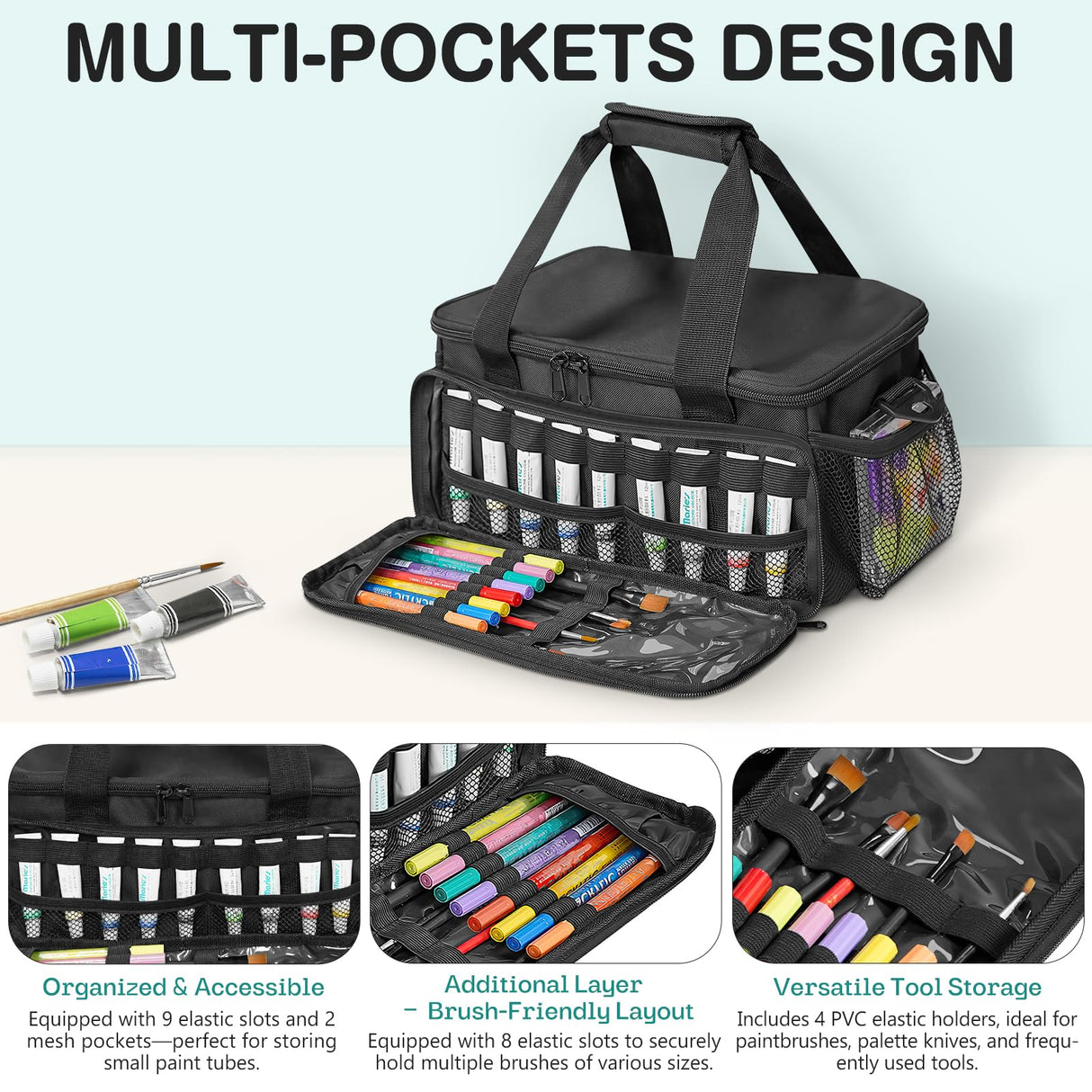ORKELS Craft Paint and Marker Organizer, Acrylic Paint Storage Bag with Brush and Bottle Holders, Large Marker Carrying Case for Artists (Black) ORKELS