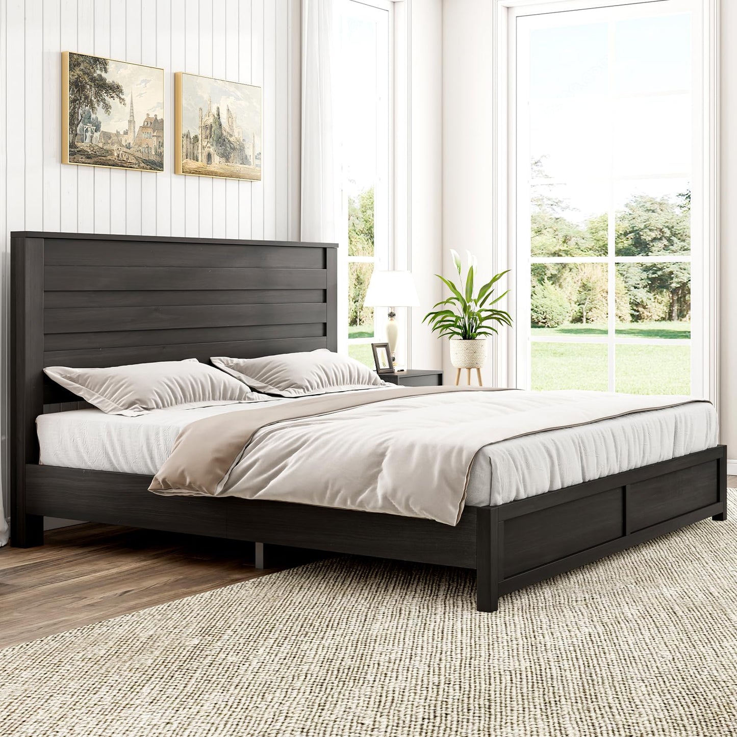 LUXOAK Farmhouse King Bed Frame with 49" Headboard - Stylish Black Wooden Platform Bed, No Box Spring Needed - WoodArtSupply