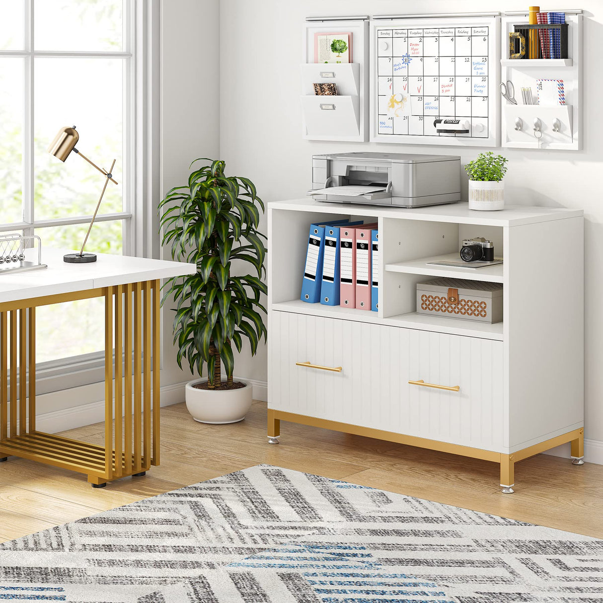 Tribesigns Lateral File Cabinet with Drawer, White Filing Cabinet with Adjustable Hanging Rod for Letter/Letter/A4 Size Files, 35.4" Wood Modern Printer Stand with Open Storage Spaces for Home Office Tribesigns