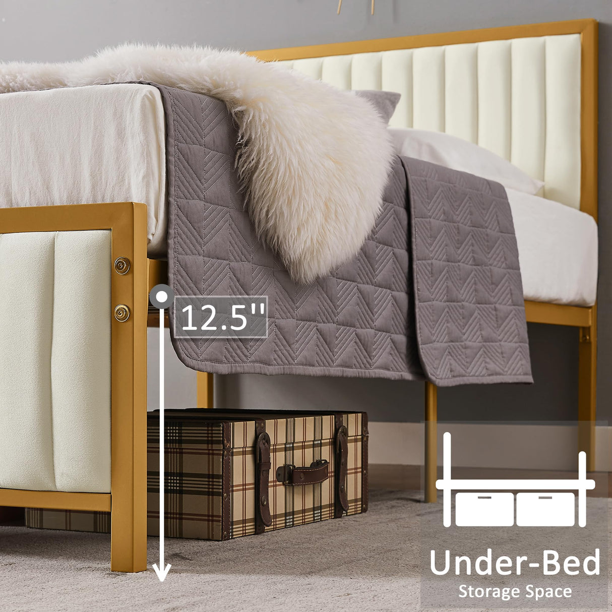 VECELO Twin Bed Frame with Upholstered Tufted Headboard & Footboard, Heavy Duty Steel Slats Platform, No Box Spring Needed, Gold VECELO